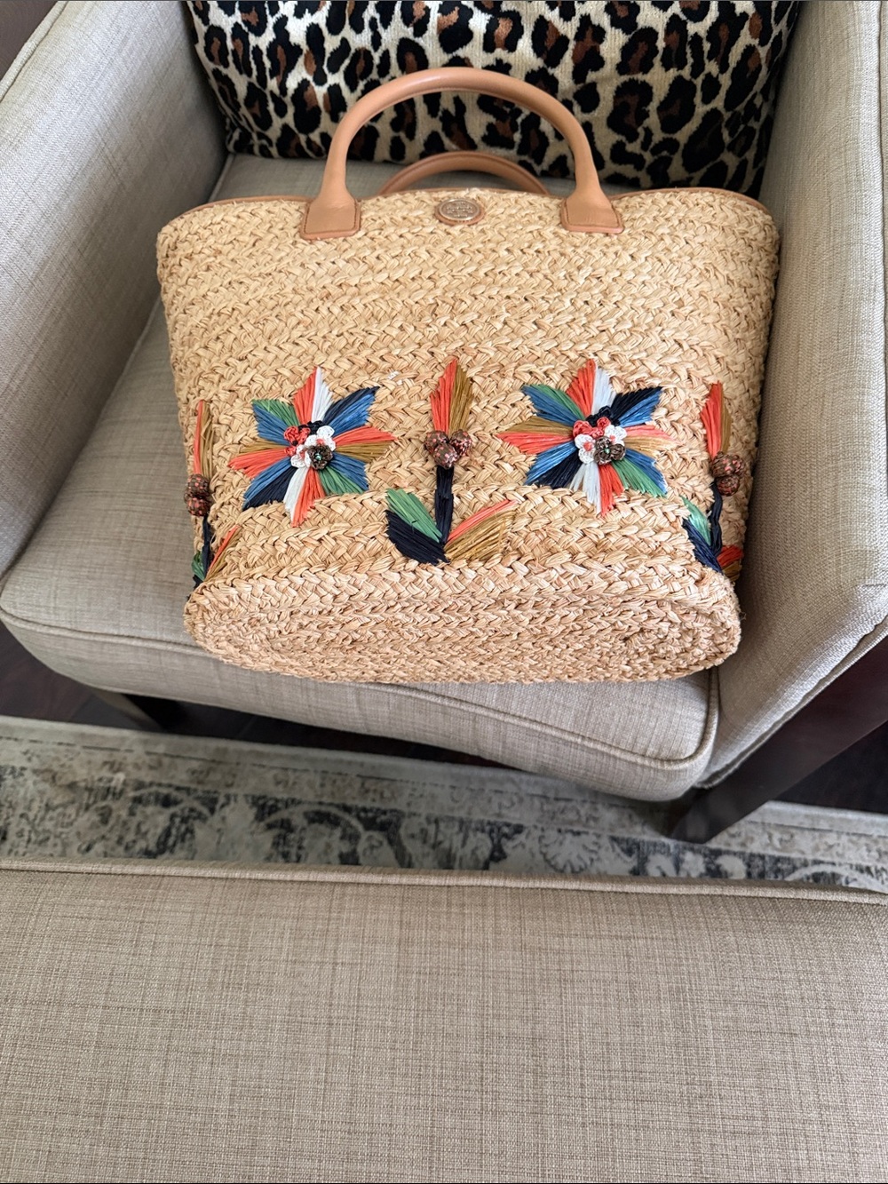 Tory Burch Straw Tote with Tan Leather Trim and Multicolor Floral Tassels - Picture 5 of 5